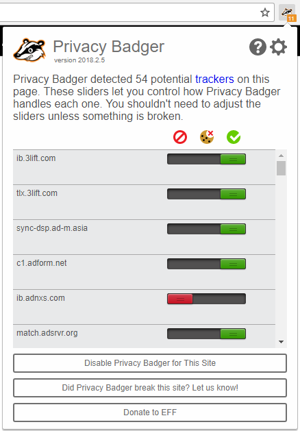 Privacy Badger interface